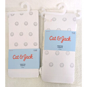 Cat & Jack 2 Pack Girls Footed Tights White Silver Smiley Faces 4-6X